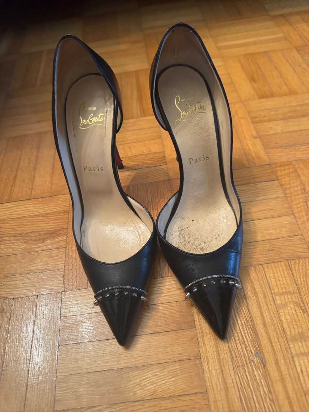 Christian Louboutin Black Pointed D'Orsay Pumps with Studded Toe